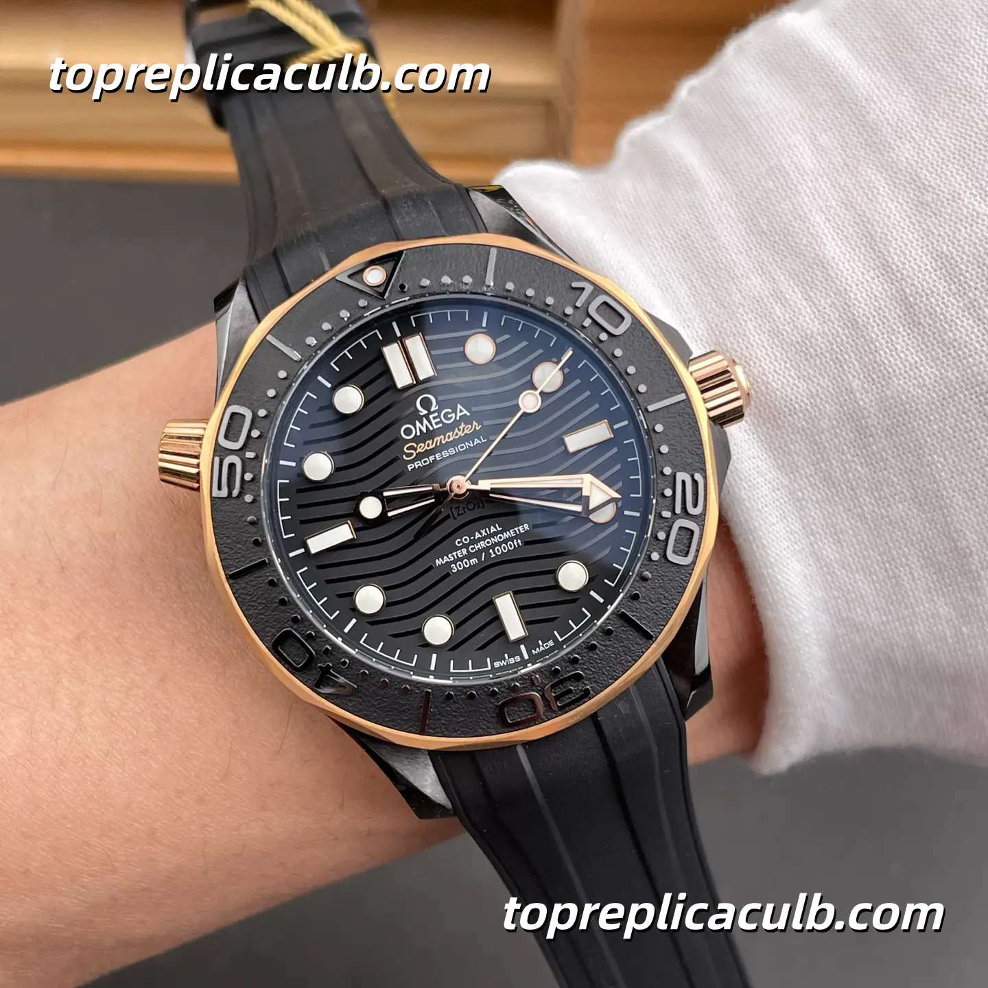 OR Factory Omega Seamaster Diver 300M Ref.210.62.44.20.01.001 43.5MM Black Dial Rose Gold Bezel Super Clone Watch with Black Rubber Strap 2824 Automatic Movement - Image 2