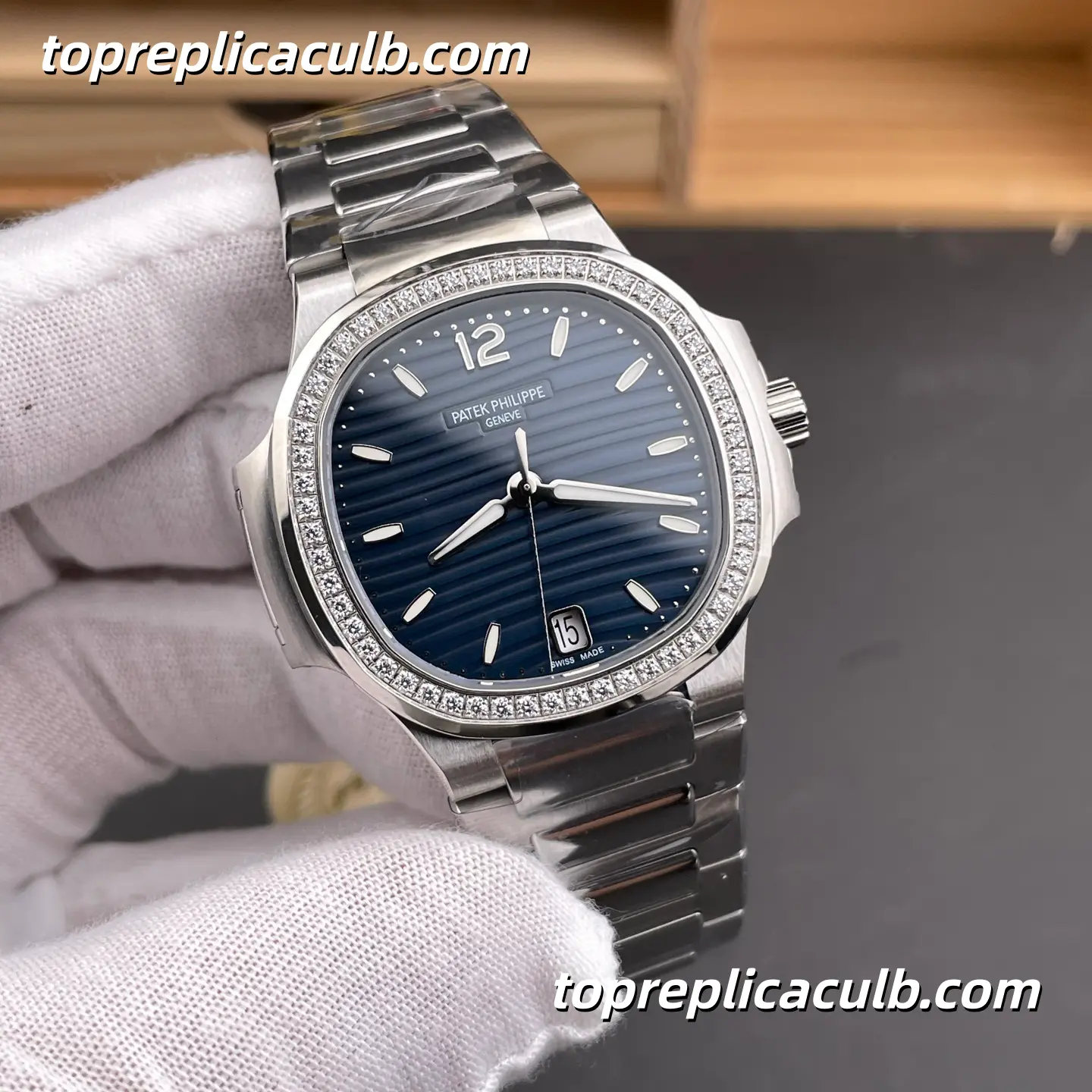 PPF Factory Patek Philippe Nautilus Ladies 7118/1200A-001 Diamond Bezel Super Clone Watch 35.2mm Blue Wave Dial Stainless Steel Bracelet Automatic Movement - Image 4