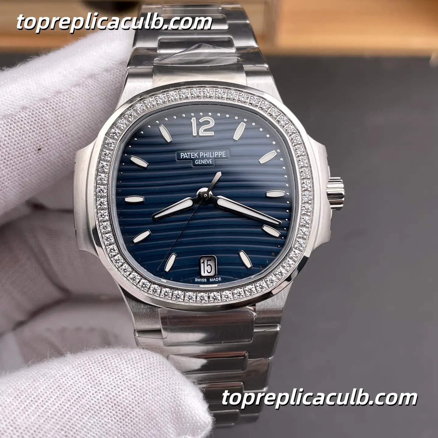 PPF Factory Patek Philippe Nautilus Ladies 7118/1200A-001 Diamond Bezel Super Clone Watch 35.2mm Blue Wave Dial Stainless Steel Bracelet Automatic Movement - Image 3