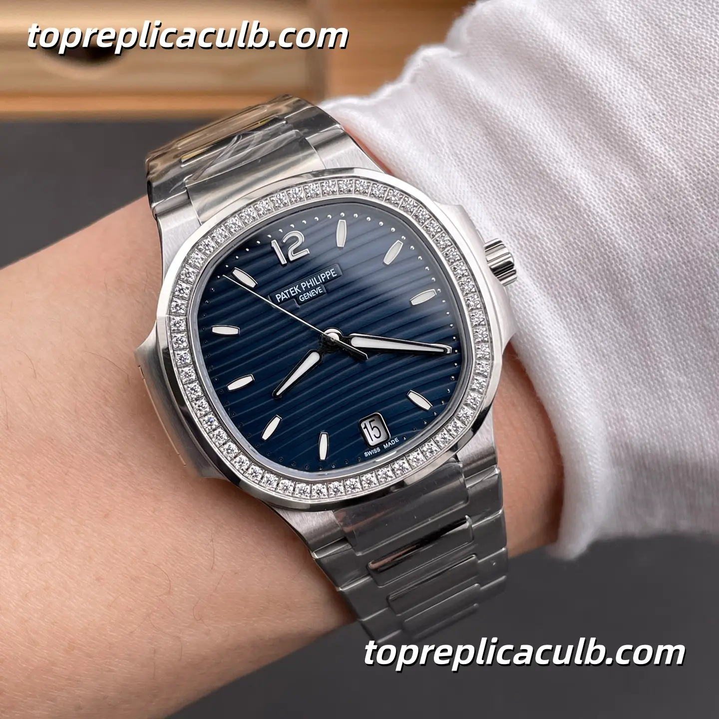 PPF Factory Patek Philippe Nautilus Ladies 7118/1200A-001 Diamond Bezel Super Clone Watch 35.2mm Blue Wave Dial Stainless Steel Bracelet Automatic Movement - Image 2