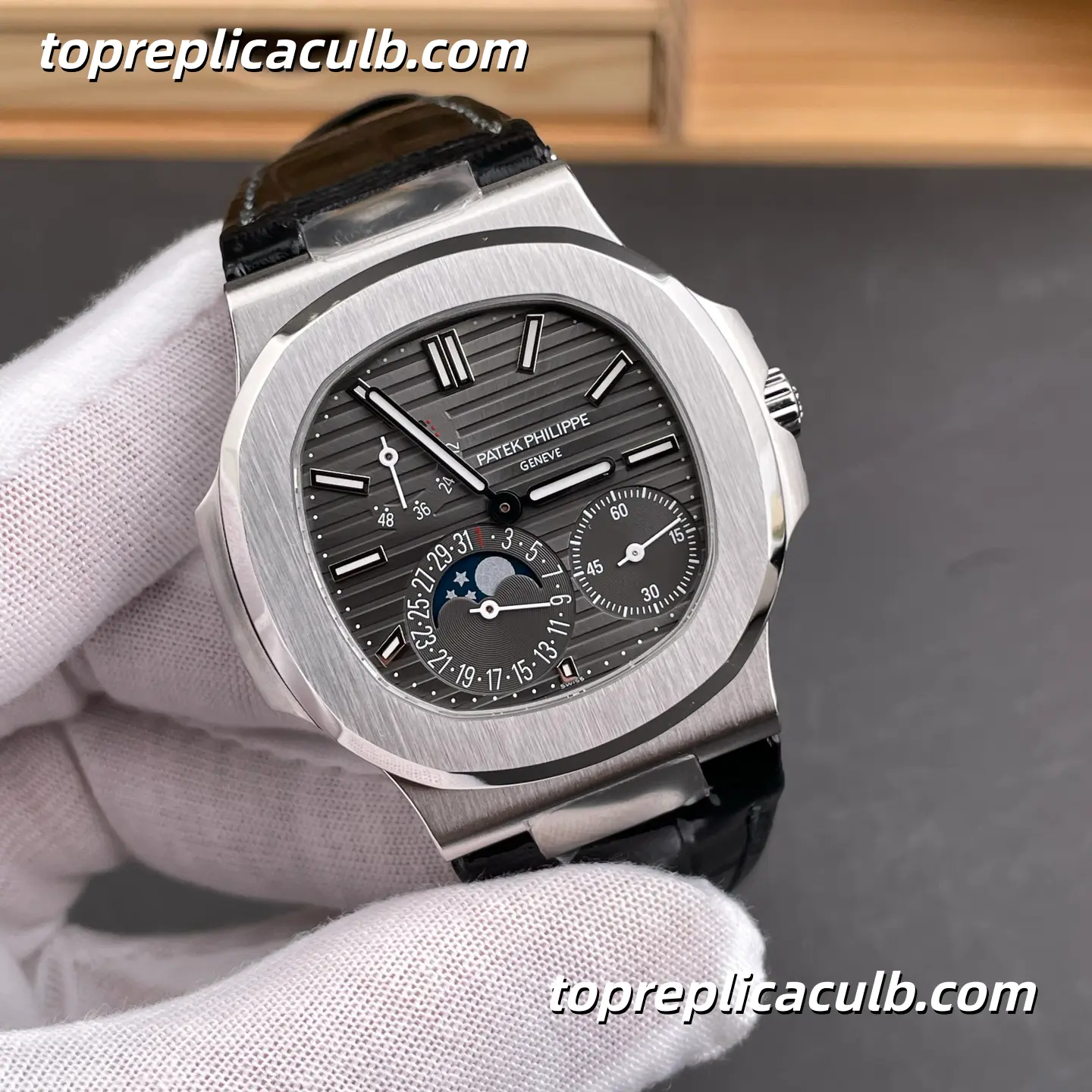 PPF Factory Patek Philippe Nautilus Series 5712G-001 Super Clone Watch 40mm Gray Dial Stainless Steel Case Black Leather Strap Automatic Moonphase Movement - Image 4