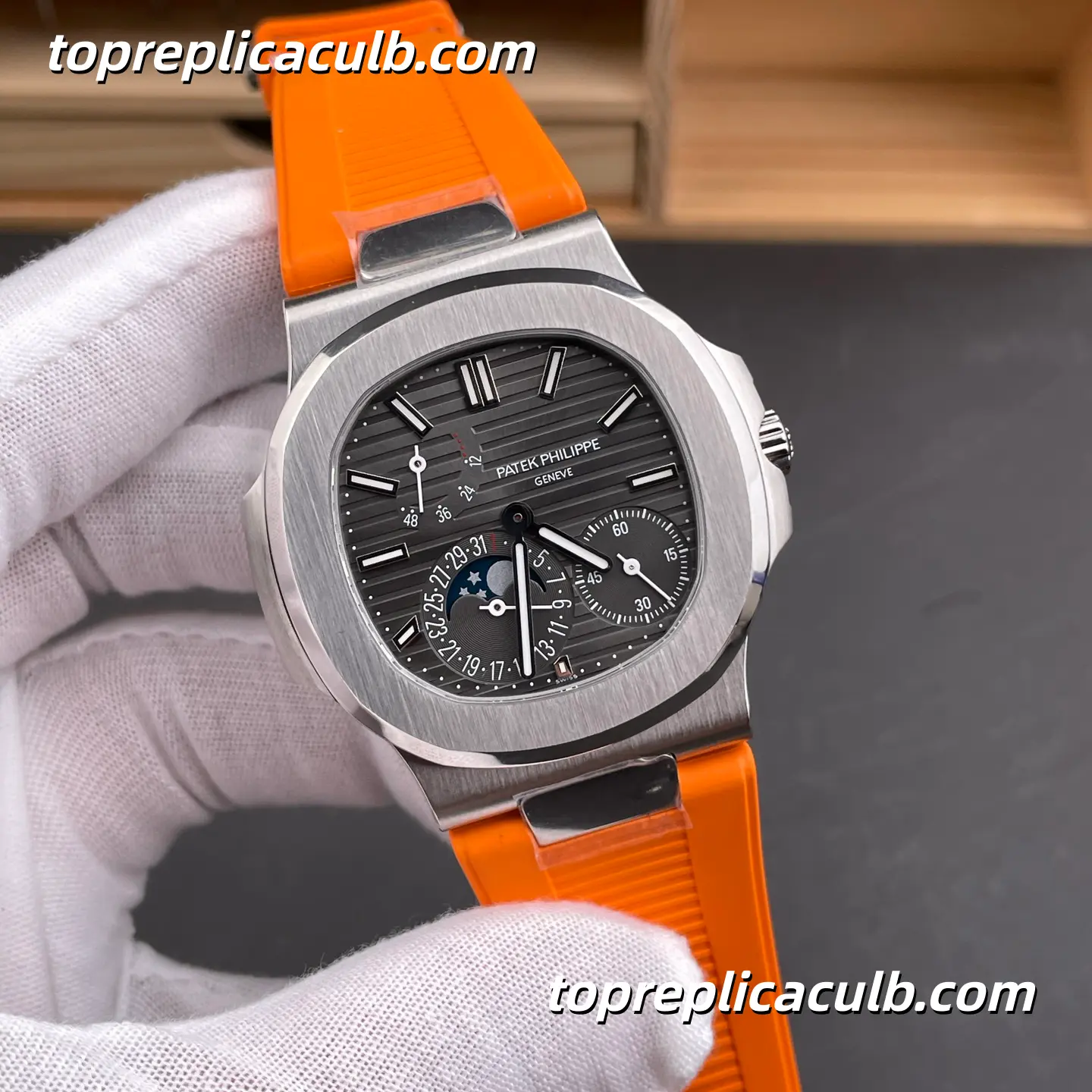 PPF Factory Patek Philippe Nautilus Series 5712G-001 Super Clone Watch 40mm Black Dial Stainless Steel Case Orange Rubber Strap Automatic Moonphase Movement - Image 4