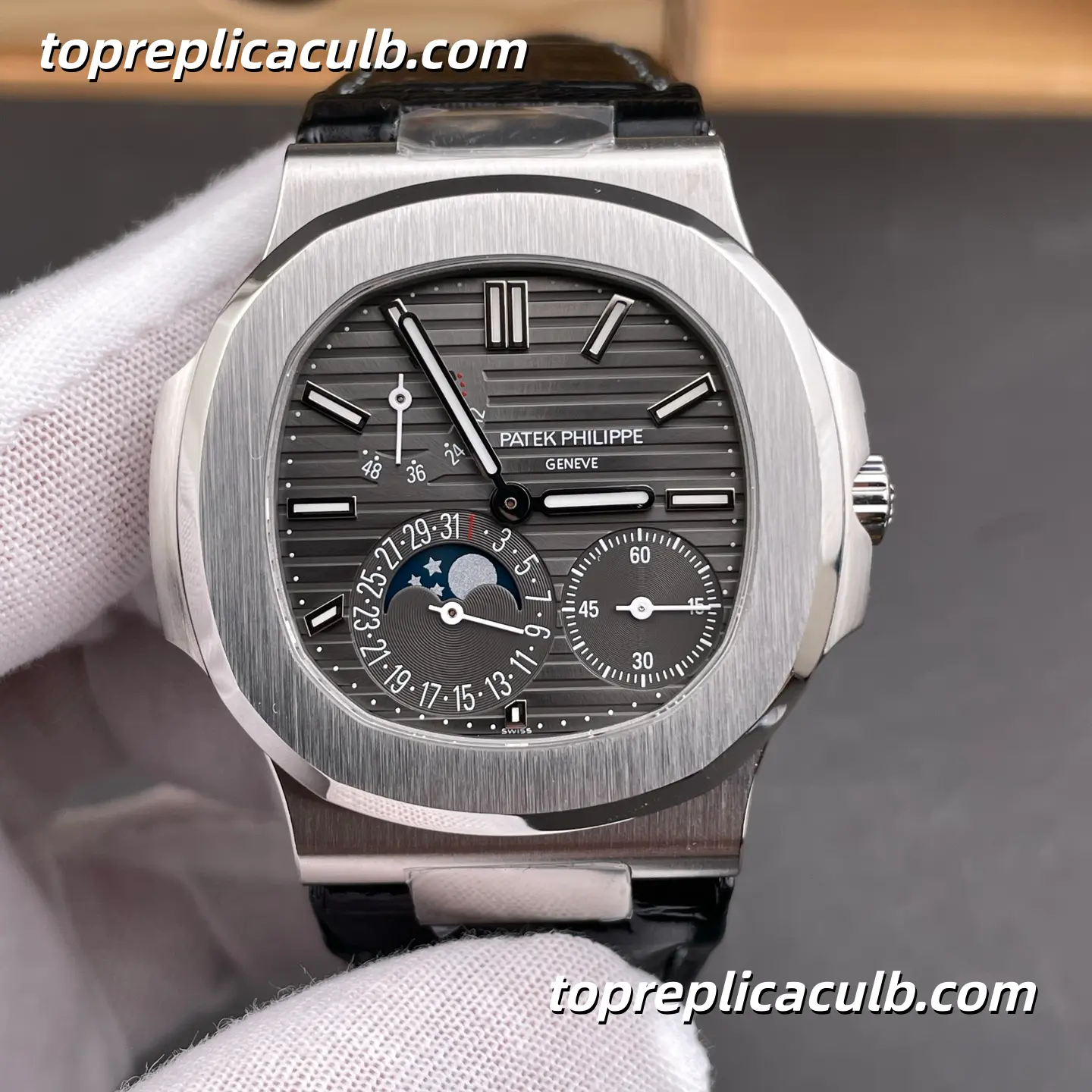 PPF Factory Patek Philippe Nautilus Series 5712G-001 Super Clone Watch 40mm Gray Dial Stainless Steel Case Black Leather Strap Automatic Moonphase Movement - Image 3