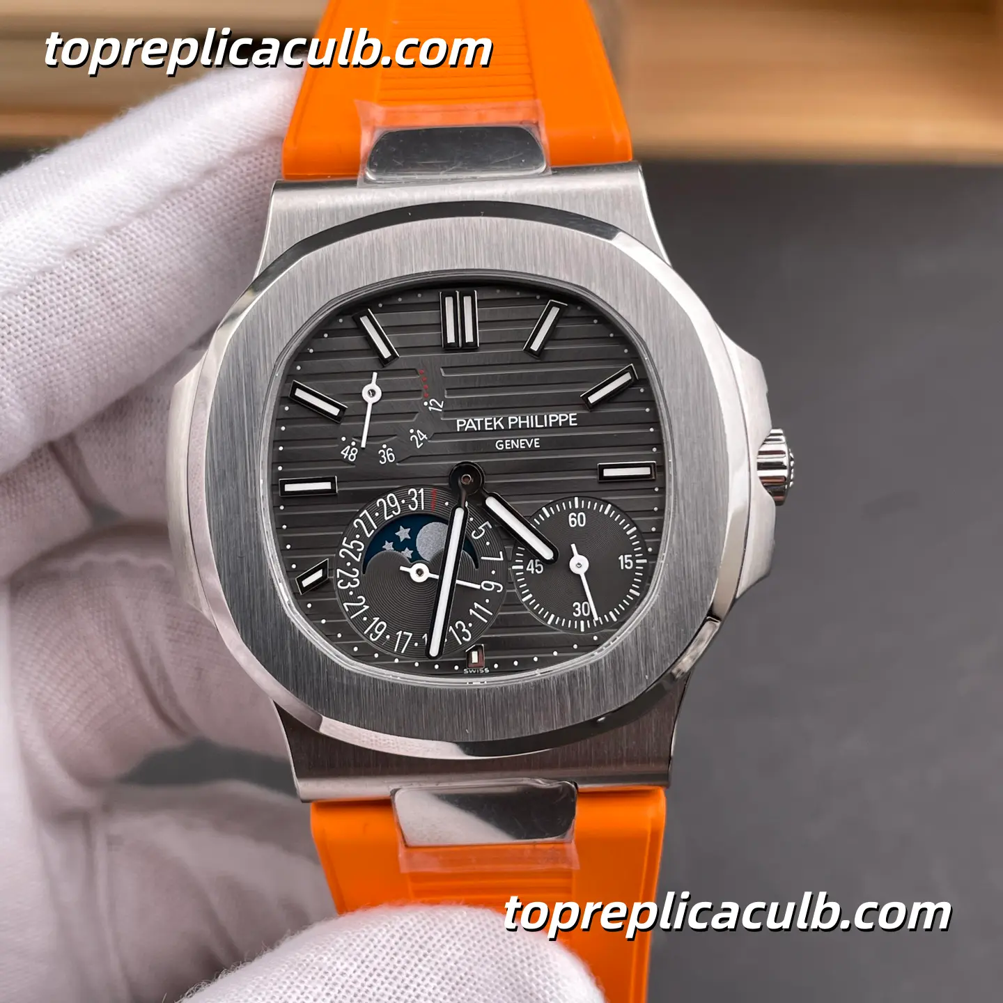 PPF Factory Patek Philippe Nautilus Series 5712G-001 Super Clone Watch 40mm Black Dial Stainless Steel Case Orange Rubber Strap Automatic Moonphase Movement - Image 3