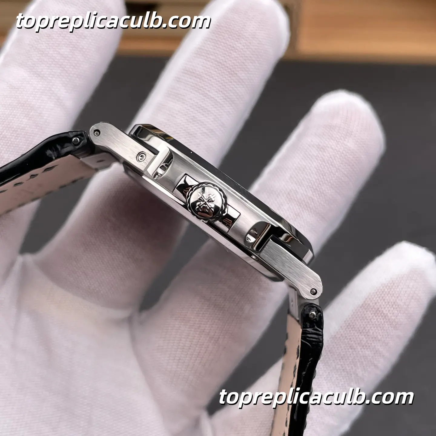 PPF Factory Patek Philippe Nautilus Series 5712G-001 Super Clone Watch 40mm Gray Dial Stainless Steel Case Black Leather Strap Automatic Moonphase Movement - Image 6
