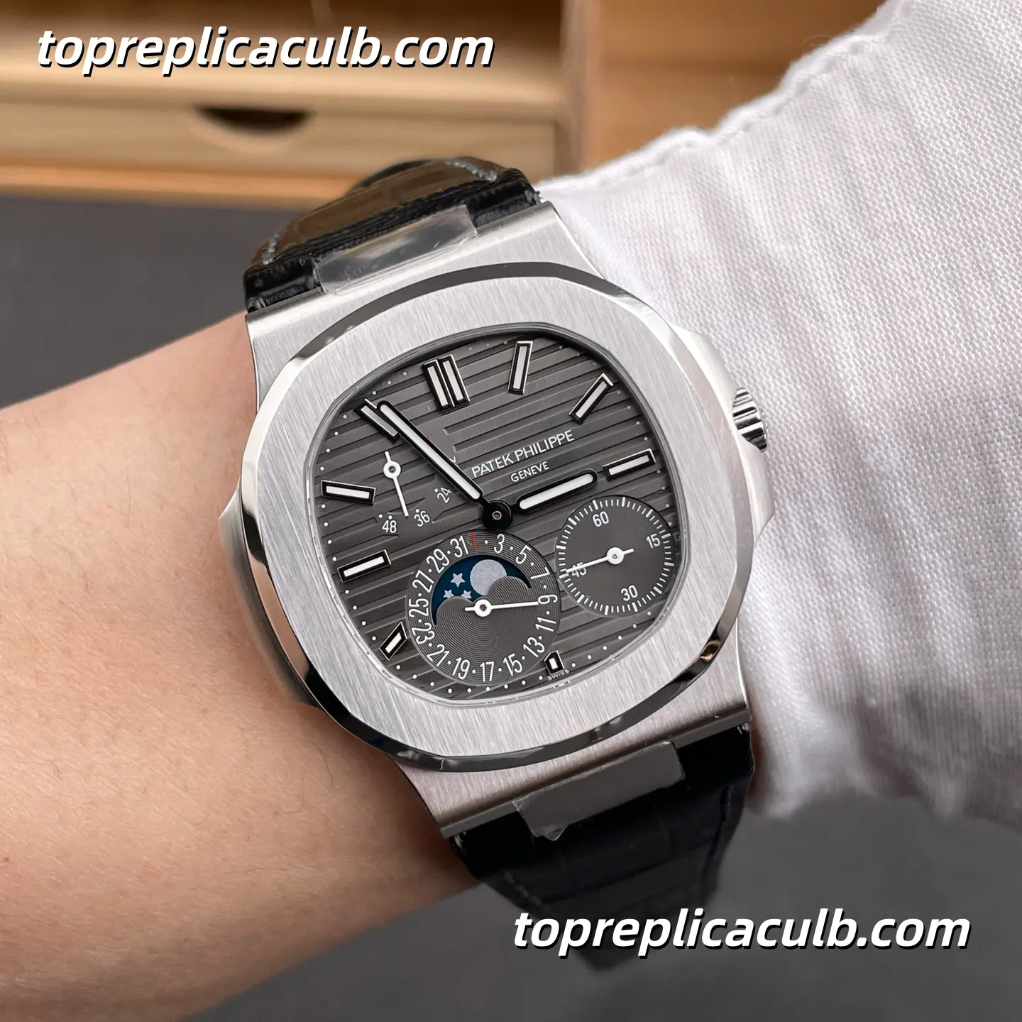 PPF Factory Patek Philippe Nautilus Series 5712G-001 Super Clone Watch 40mm Gray Dial Stainless Steel Case Black Leather Strap Automatic Moonphase Movement - Image 2