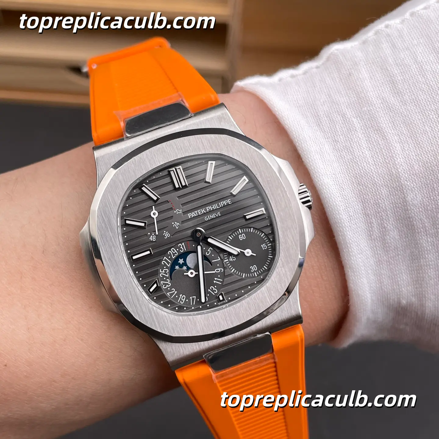 PPF Factory Patek Philippe Nautilus Series 5712G-001 Super Clone Watch 40mm Black Dial Stainless Steel Case Orange Rubber Strap Automatic Moonphase Movement - Image 2