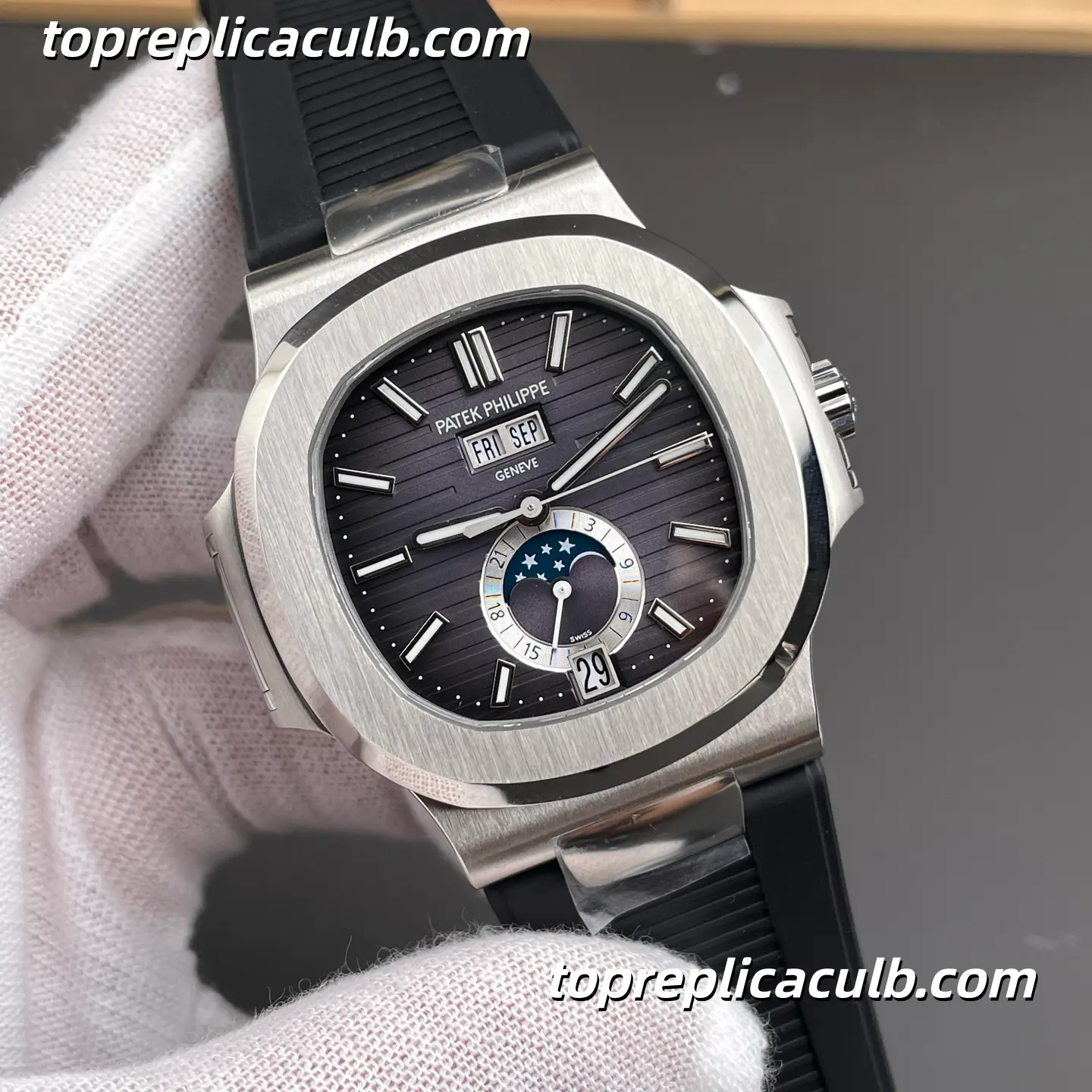 PPF Factory Patek Philippe Nautilus Series 5726A-001 Super Clone Watch 40.5mm Black Gradient Dial Stainless Steel Case Black Rubber Strap Annual Calendar Moonphase Automatic Movement - Image 4