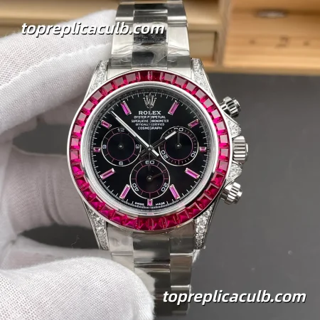 PPM Factory Rolex Daytona Custom Ruby Baguette Edition 40MM Black Dial Pink Ruby-Style Bezel Oyster Bracelet Super Clone Watch