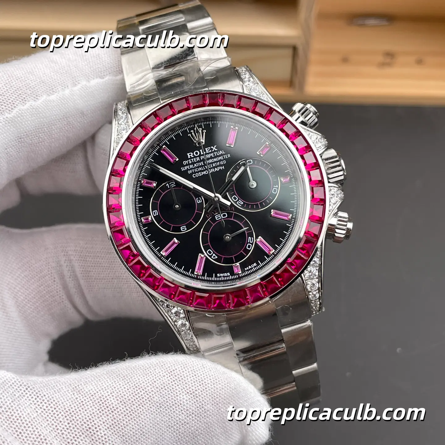PPM Factory Rolex Daytona Custom Ruby Baguette Edition 40MM Black Dial Pink Ruby-Style Bezel Oyster Bracelet Super Clone Watch with 4130 Movement - Image 4