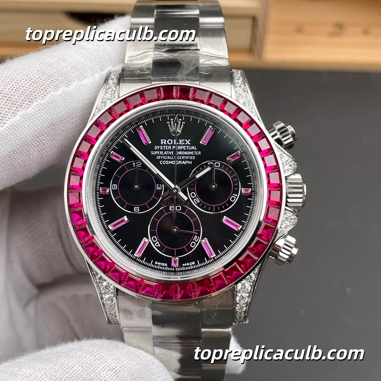 PPM Factory Rolex Daytona Custom Ruby Baguette Edition 40MM Black Dial Pink Ruby-Style Bezel Oyster Bracelet Super Clone Watch with 4130 Movement - Image 3