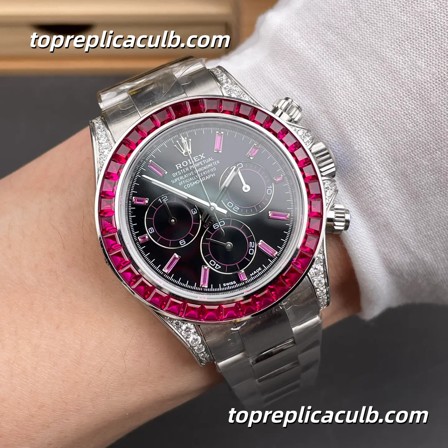 PPM Factory Rolex Daytona Custom Ruby Baguette Edition 40MM Black Dial Pink Ruby-Style Bezel Oyster Bracelet Super Clone Watch with 4130 Movement - Image 2