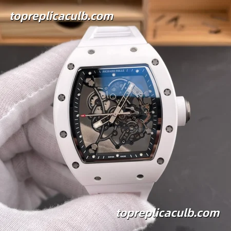 RF Factory Richard Mille RM055 White Ceramic Case Skeleton Dial 49.9x42.7MM White Rubber Strap Super Clone Watch
