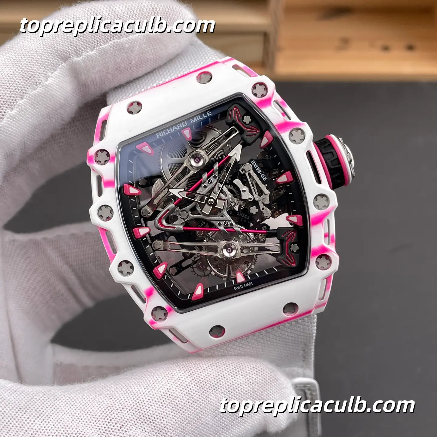 RM Factory Richard Mille RM38-02 Pink Carbon Fiber Tourbillon 43.7x50MM Integrated Movement Super Clone Watch - Image 4