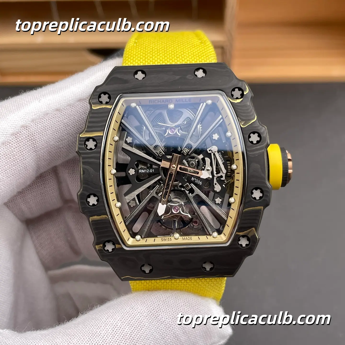 RM Factory Richard Mille RM12-01 Tourbillon Carbon Fiber Case Yellow Accent Skeleton Dial 51x42MM Super Clone Watch