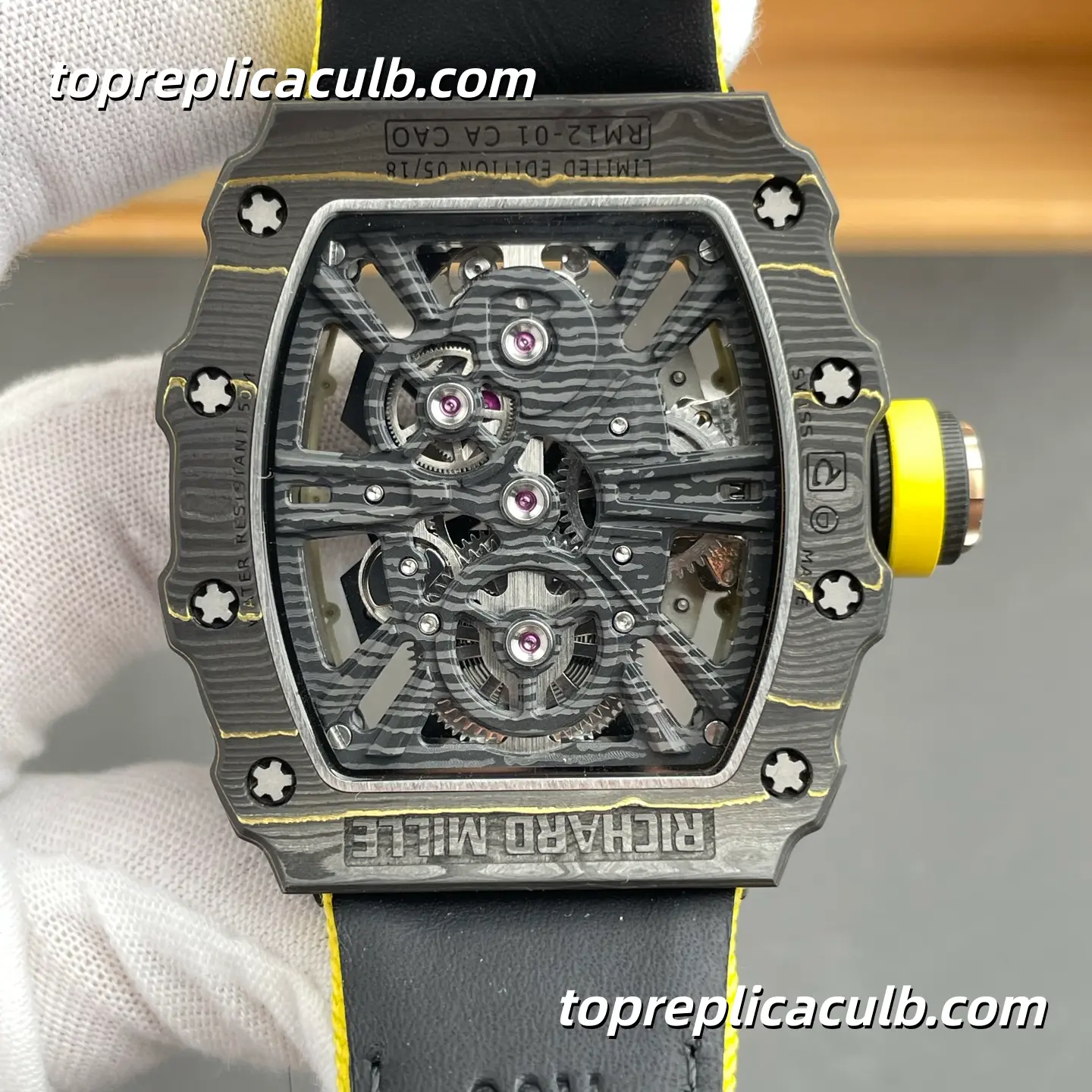 RM Factory Richard Mille RM12-01 Tourbillon Carbon Fiber Case Yellow Accent Skeleton Dial 51x42MM Super Clone Watch With Tourbillon Movement - Image 5