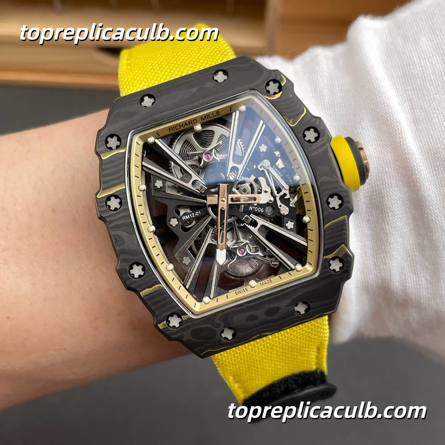 RM Factory Richard Mille RM12-01 Tourbillon Carbon Fiber Case Yellow Accent Skeleton Dial 51x42MM Super Clone Watch With Tourbillon Movement - Image 2