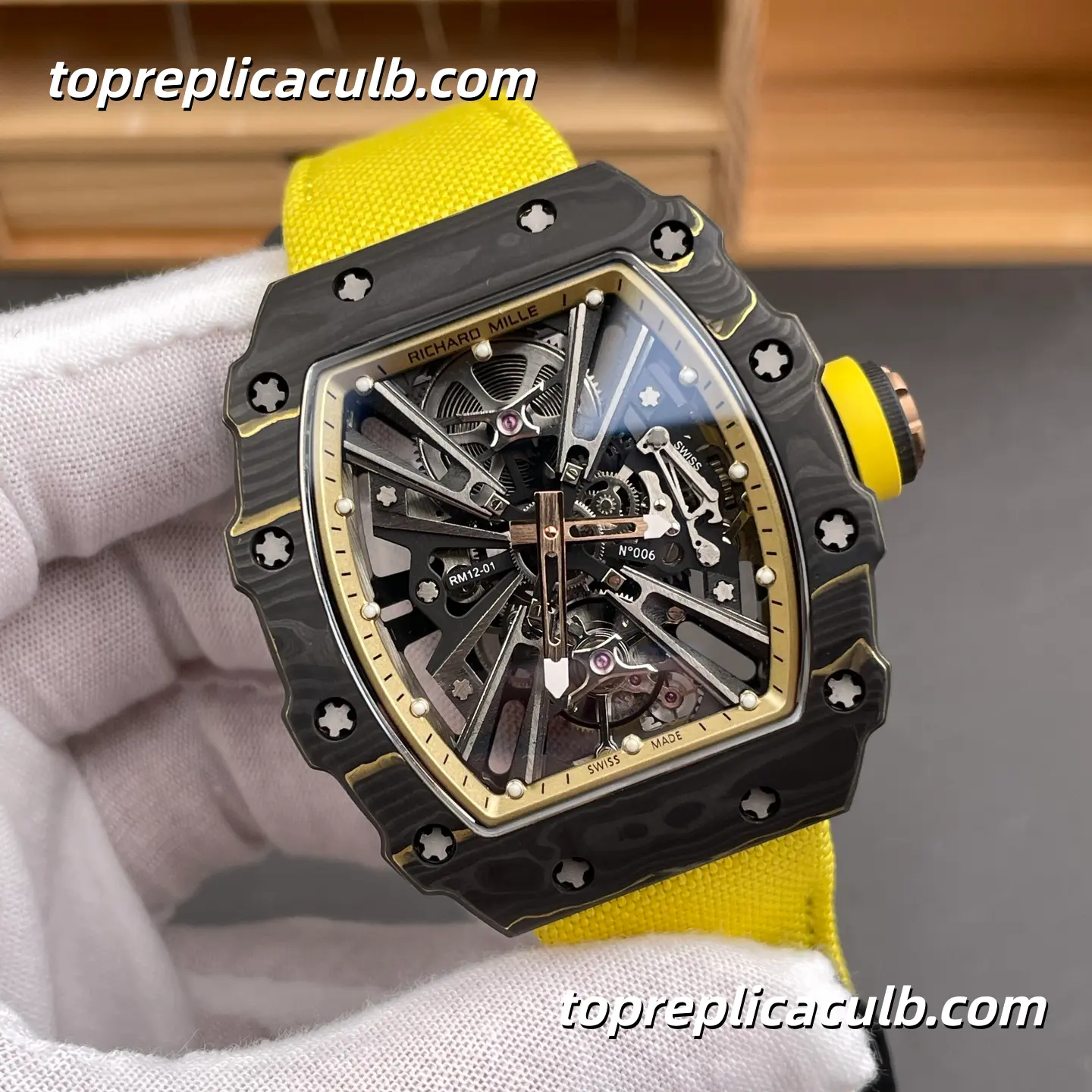 RM Factory Richard Mille RM12-01 Tourbillon Carbon Fiber Case Yellow Accent Skeleton Dial 51x42MM Super Clone Watch With Tourbillon Movement - Image 4