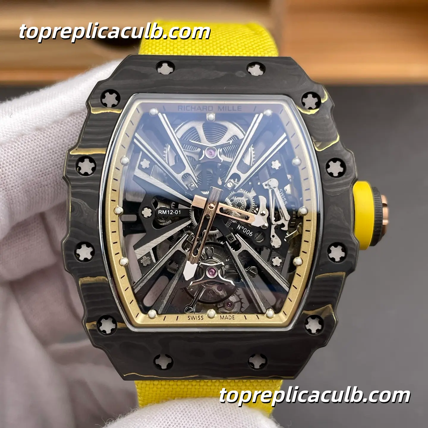 RM Factory Richard Mille RM12-01 Tourbillon Carbon Fiber Case Yellow Accent Skeleton Dial 51x42MM Super Clone Watch With Tourbillon Movement - Image 3