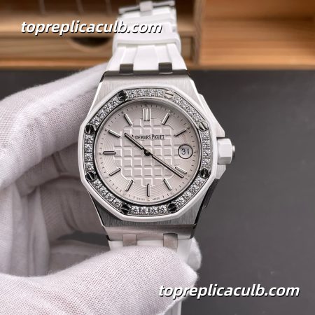 RXW Factory Audemars Piguet Royal Oak Offshore Lady 37MM 67540SK.ZZ.A010CA.01 White Tapisserie Dial Diamond Bezel White Rubber Strap Super Clone Watch with 2714 Quartz Movement