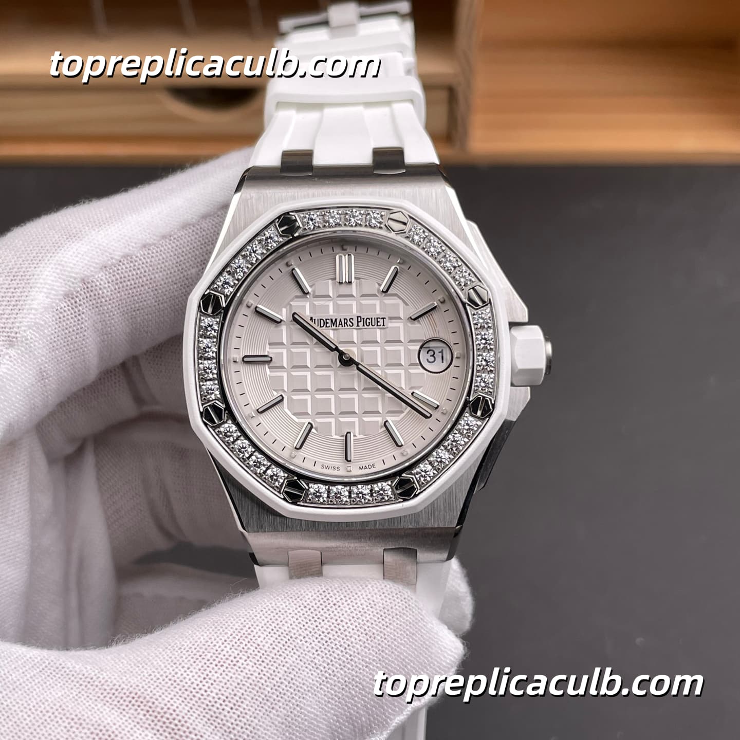 RXW Factory Audemars Piguet Royal Oak Offshore Lady 37MM 67540SK.ZZ.A010CA.01 White Tapisserie Dial Diamond Bezel White Rubber Strap Super Clone Watch with 2714 Quartz Movement