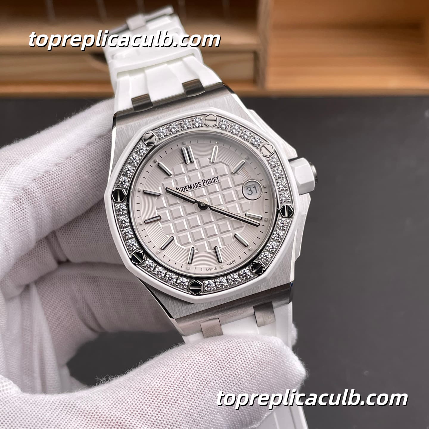 RXW Factory Audemars Piguet Royal Oak Offshore Lady 37MM 67540SK.ZZ.A010CA.01 White Tapisserie Dial Diamond Bezel White Rubber Strap Super Clone Watch with 2714 Quartz Movement - Image 4