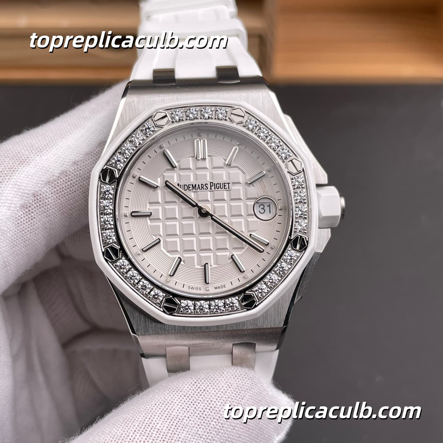 RXW Factory Audemars Piguet Royal Oak Offshore Lady 37MM 67540SK.ZZ.A010CA.01 White Tapisserie Dial Diamond Bezel White Rubber Strap Super Clone Watch with 2714 Quartz Movement - Image 3