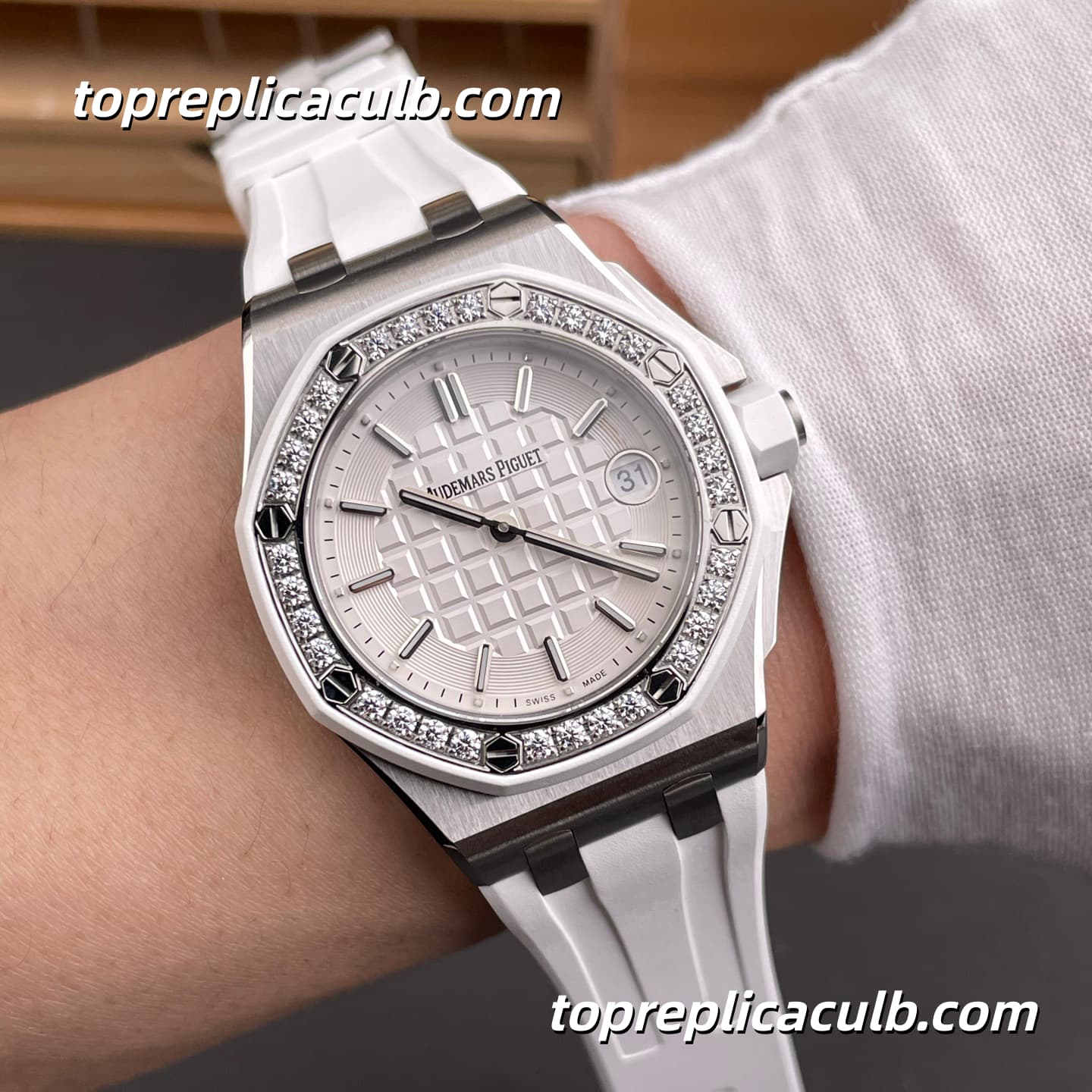 RXW Factory Audemars Piguet Royal Oak Offshore Lady 37MM 67540SK.ZZ.A010CA.01 White Tapisserie Dial Diamond Bezel White Rubber Strap Super Clone Watch with 2714 Quartz Movement - Image 2