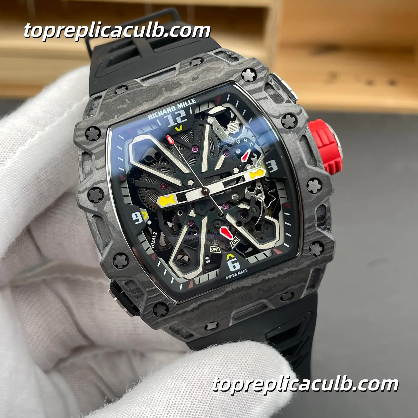 Richard Mille RM 35-03 Rafael Nadal Automatic Winding 50MM Carbon TPT Skeleton Dial Super Clone Watch with Black Rubber Strap and Butterfly Rotor Sport Automatic Movement - Image 4