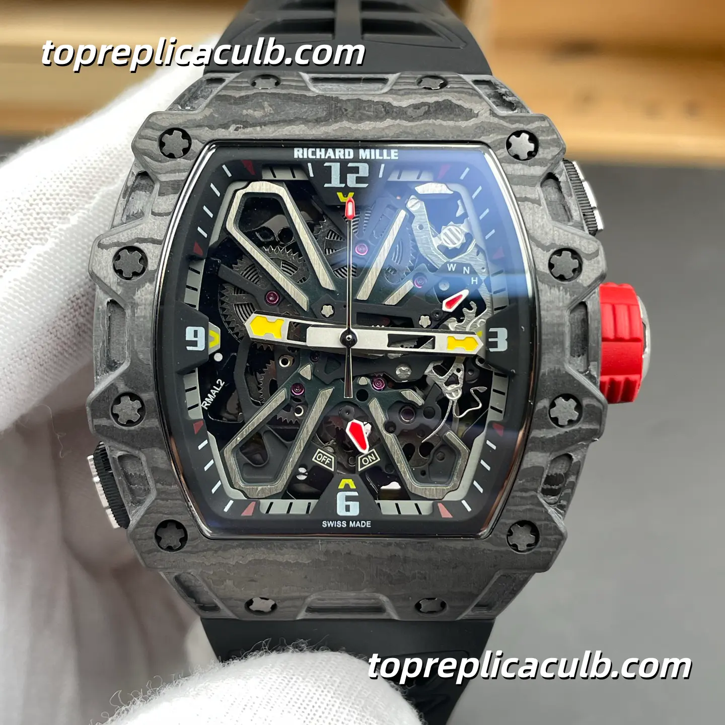 Richard Mille RM 35-03 Rafael Nadal Automatic Winding 50MM Carbon TPT Skeleton Dial Super Clone Watch with Black Rubber Strap and Butterfly Rotor Sport Automatic Movement - Image 3