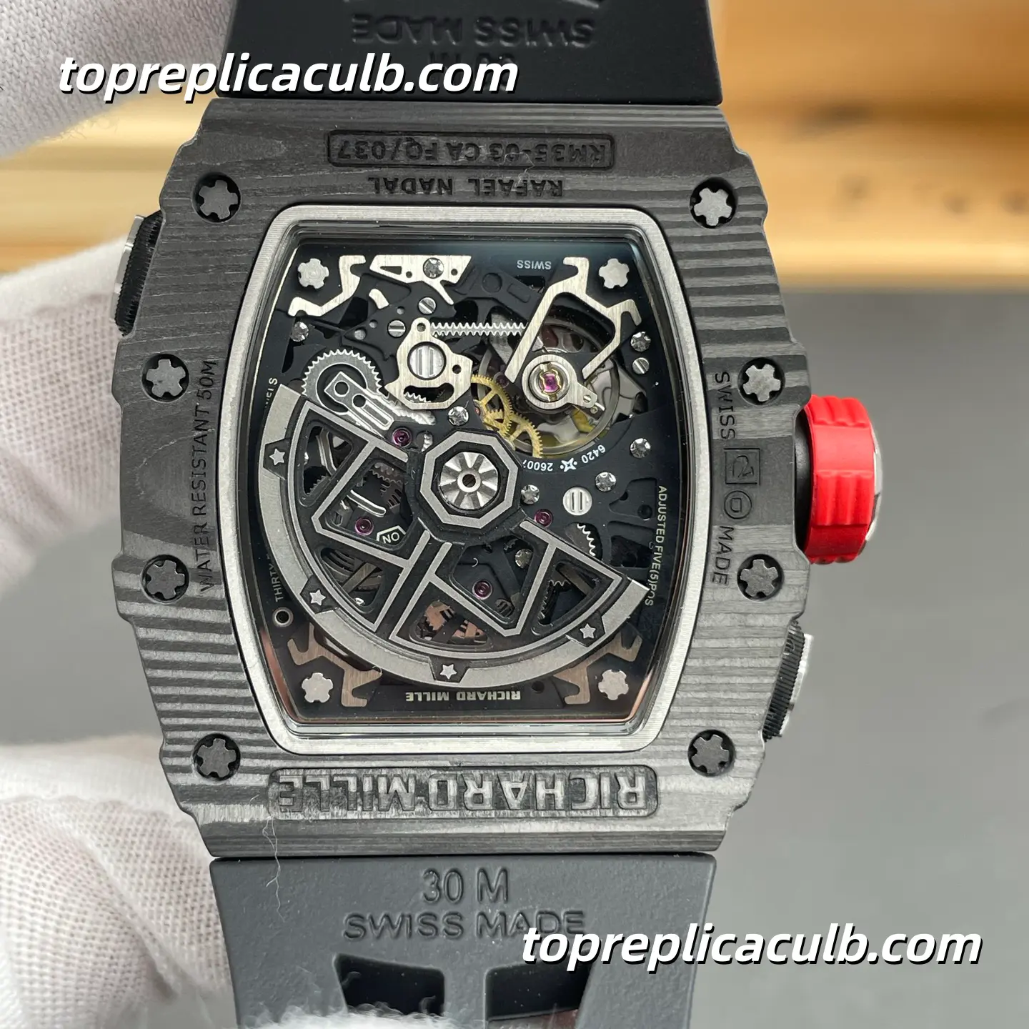 Richard Mille RM 35-03 Rafael Nadal Automatic Winding 50MM Carbon TPT Skeleton Dial Super Clone Watch with Black Rubber Strap and Butterfly Rotor Sport Automatic Movement - Image 7