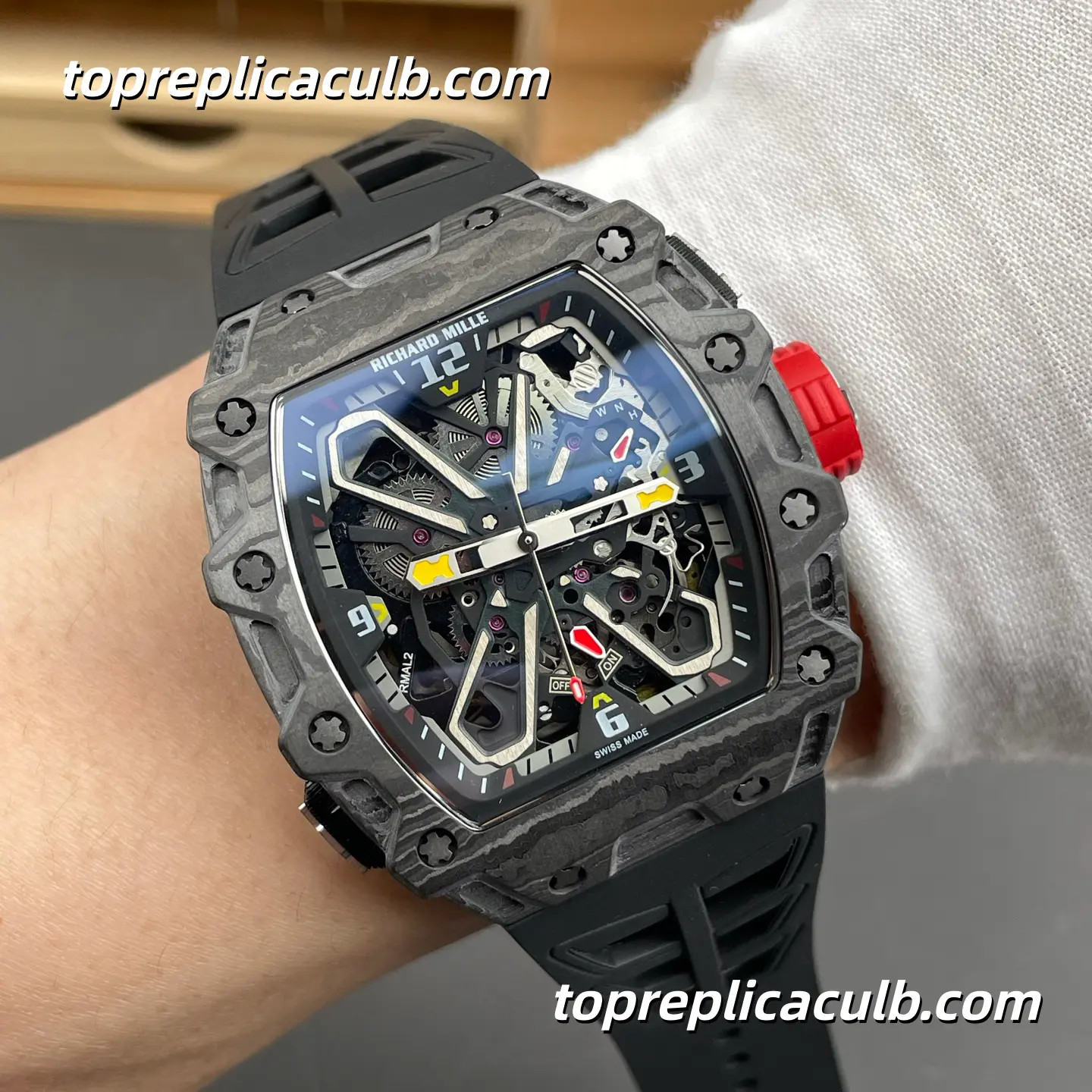 Richard Mille RM 35-03 Rafael Nadal Automatic Winding 50MM Carbon TPT Skeleton Dial Super Clone Watch with Black Rubber Strap and Butterfly Rotor Sport Automatic Movement - Image 2