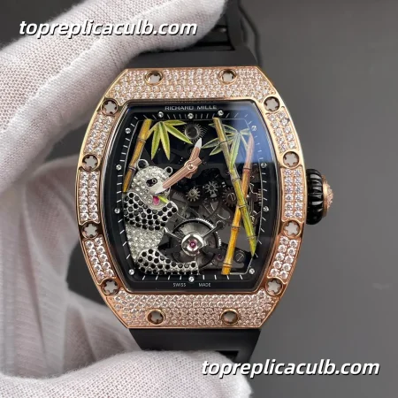 Richard Mille RM26-01 Panda Tourbillon Rose Gold Diamond Set Bezel 48mm Integrated Skeleton Movement Super Clone Watch
