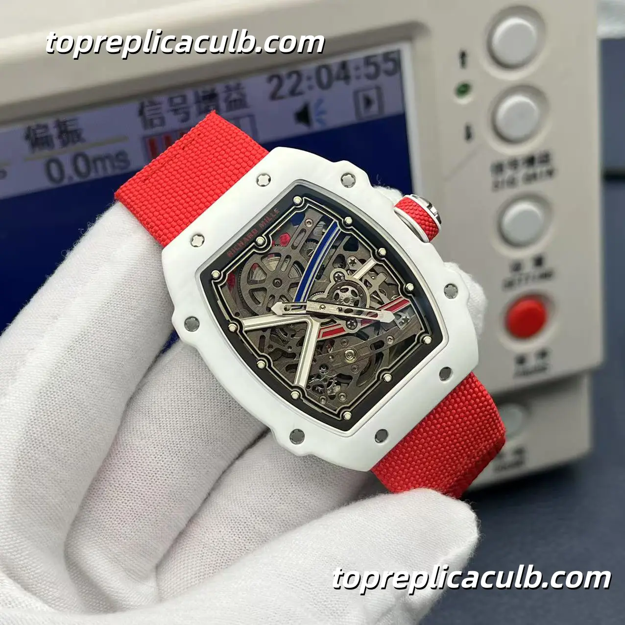 Richard Mille RM67-02 France Edition Black White Custom Version White Ceramic Case Skeleton Dial Red Strap Super Clone Watch - Image 3