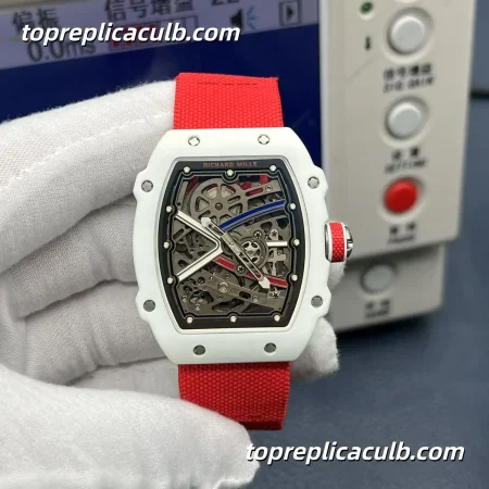 Richard Mille RM67-02 France Edition Black White Custom Version White Ceramic Case Skeleton Dial Red Strap Super Clone Watch