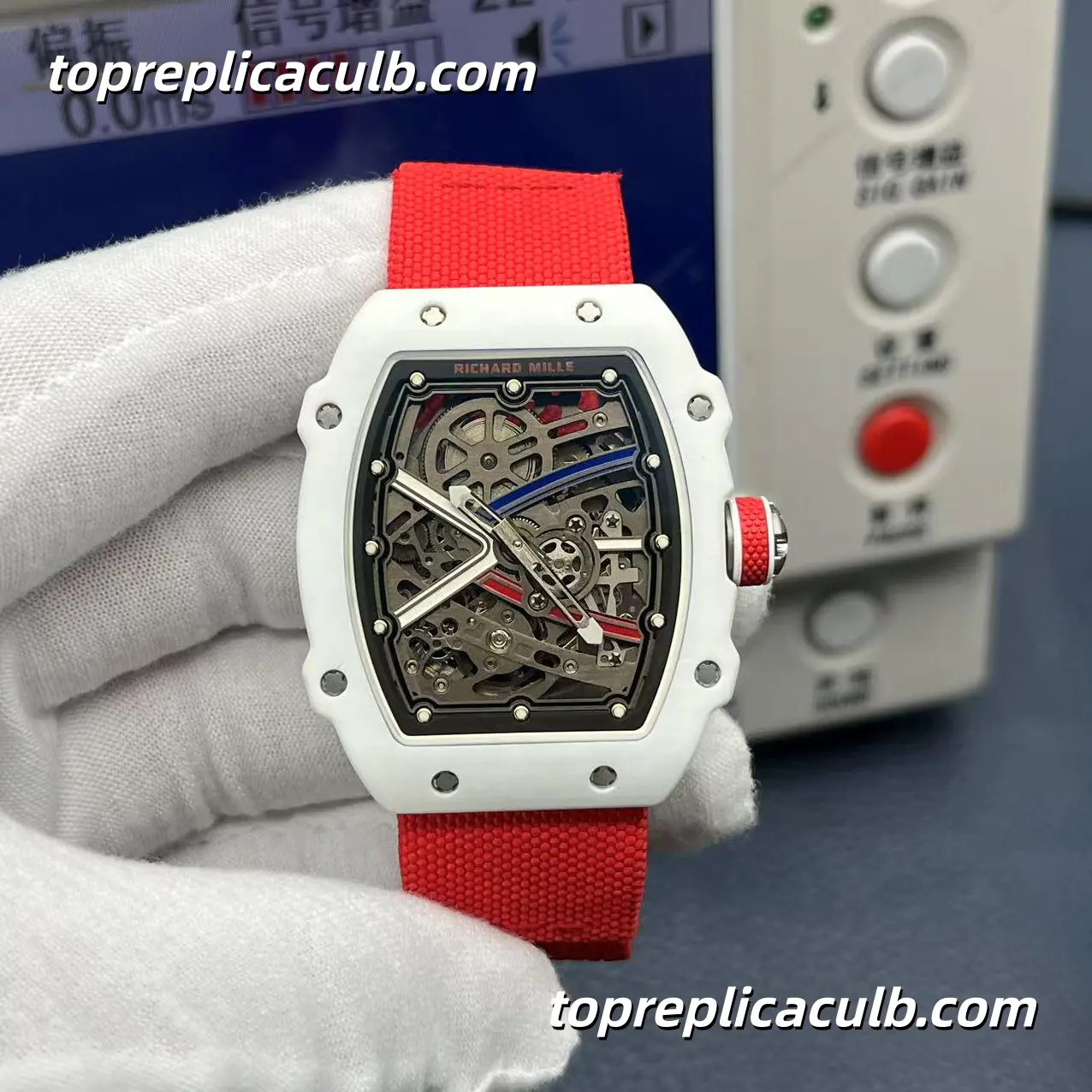 Richard Mille RM67-02 France Edition Black White Custom Version White Ceramic Case Skeleton Dial Red Strap Super Clone Watch