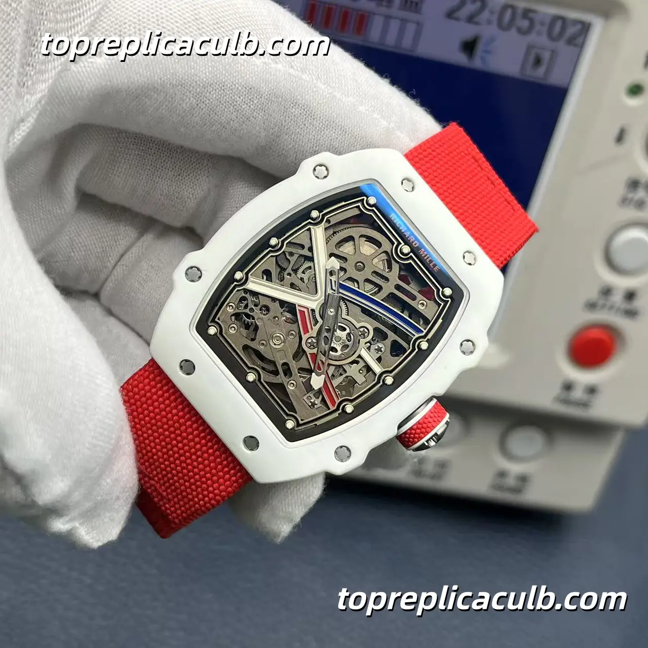 Richard Mille RM67-02 France Edition Black White Custom Version White Ceramic Case Skeleton Dial Red Strap Super Clone Watch - Image 2