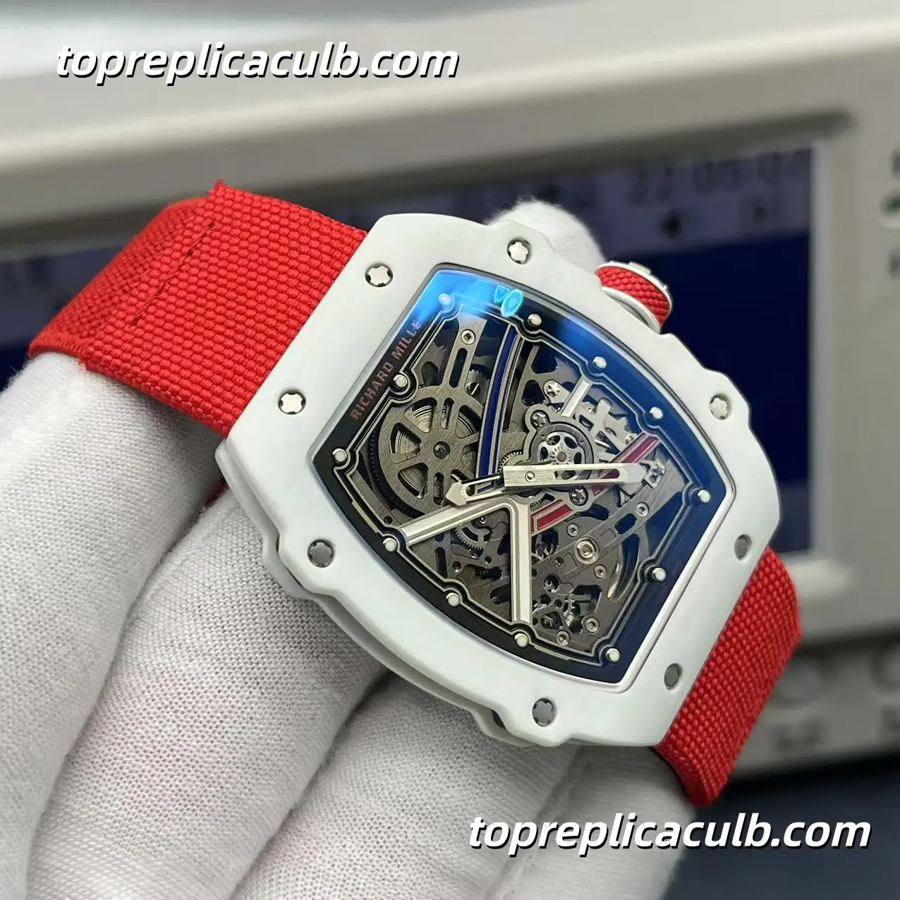 Richard Mille RM67-02 France Edition Black White Custom Version White Ceramic Case Skeleton Dial Red Strap Super Clone Watch - Image 4