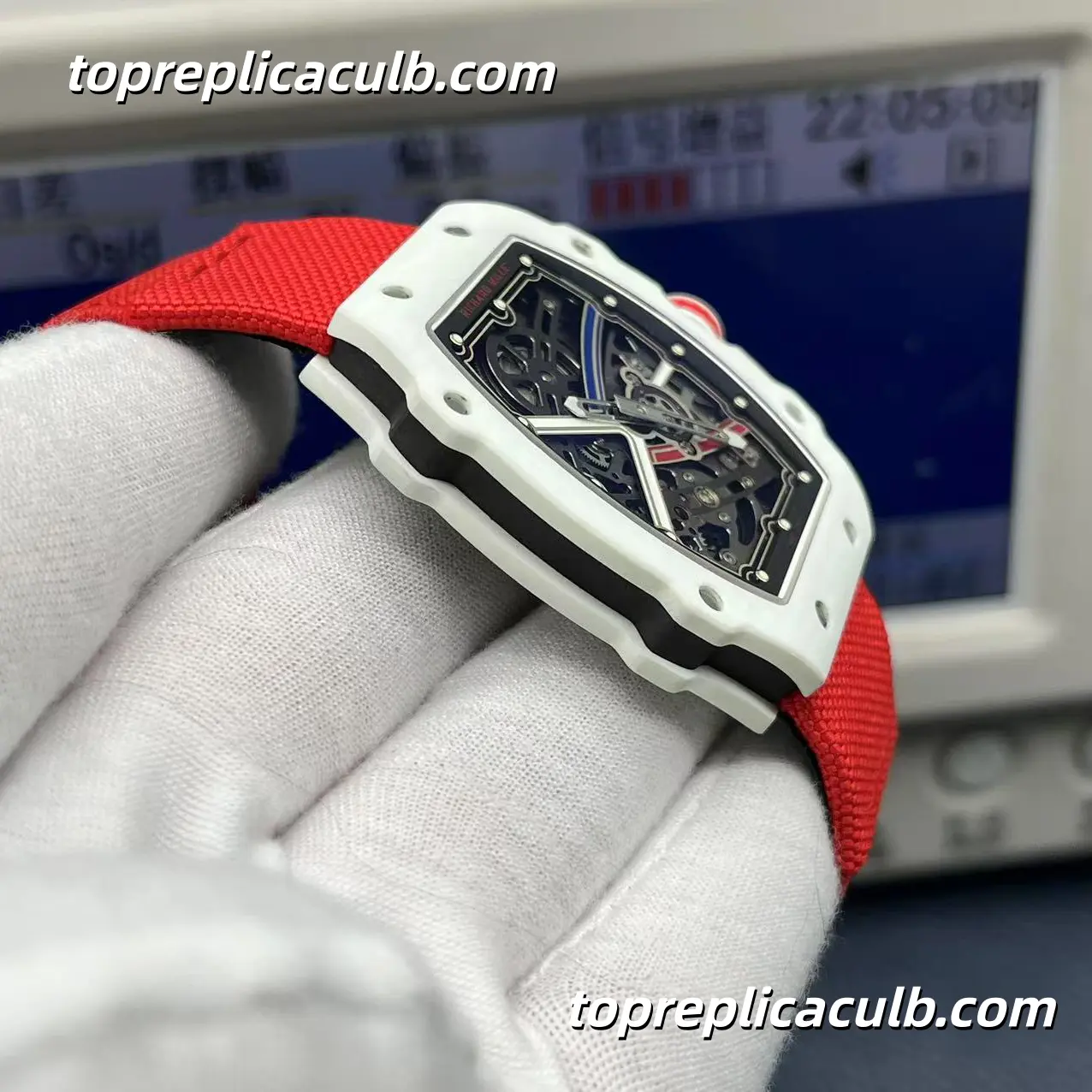 Richard Mille RM67-02 France Edition Black White Custom Version White Ceramic Case Skeleton Dial Red Strap Super Clone Watch - Image 5