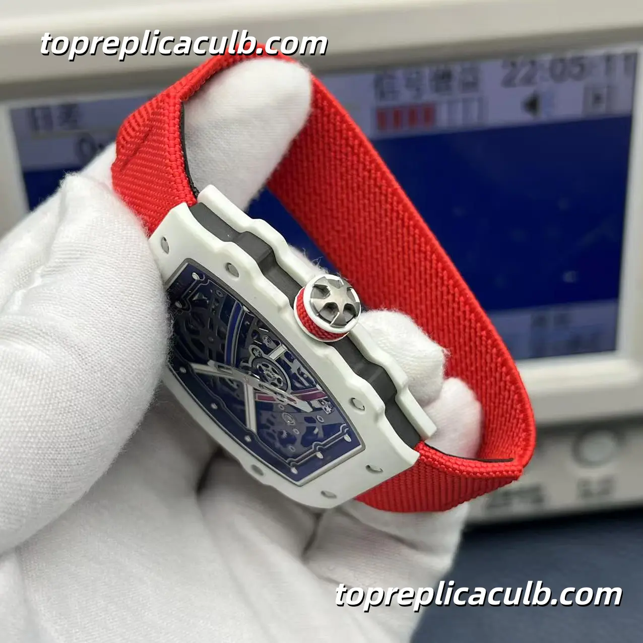 Richard Mille RM67-02 France Edition Black White Custom Version White Ceramic Case Skeleton Dial Red Strap Super Clone Watch - Image 7