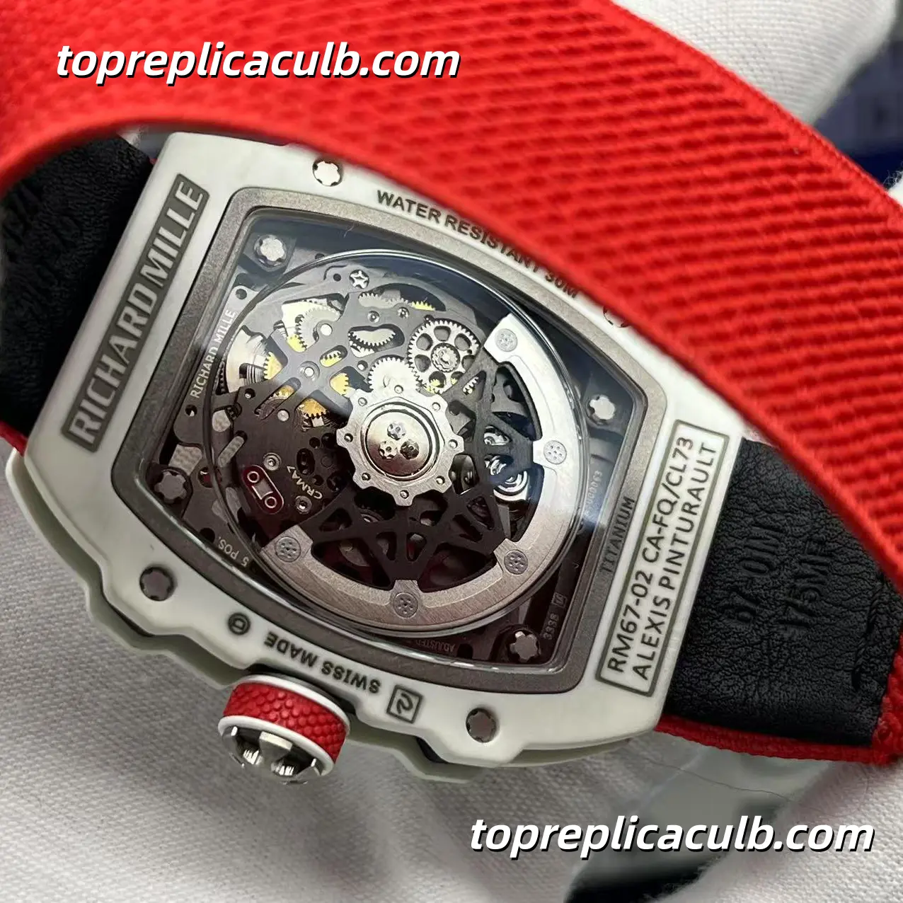 Richard Mille RM67-02 France Edition Black White Custom Version White Ceramic Case Skeleton Dial Red Strap Super Clone Watch - Image 6
