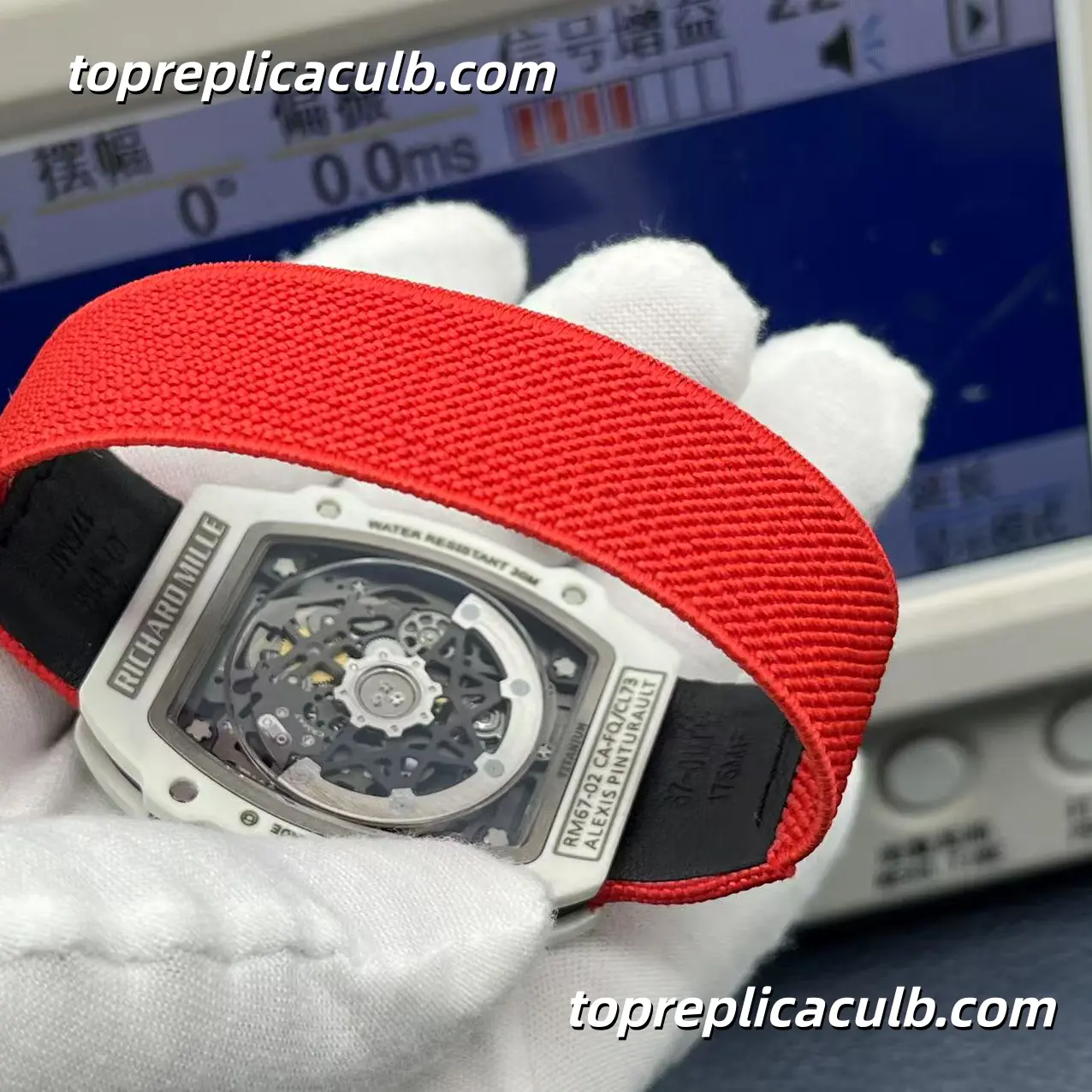 Richard Mille RM67-02 France Edition Black White Custom Version White Ceramic Case Skeleton Dial Red Strap Super Clone Watch - Image 8
