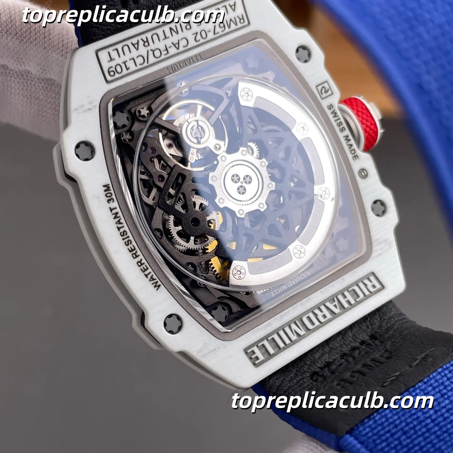 Richard Mille RM67-02 France Edition White Quartz TPT Case Skeleton Dial 47x8.0MM Blue Fabric Strap Super Clone Watch With Functional 7 O’Clock CRMA7 Automatic Movement - Image 6