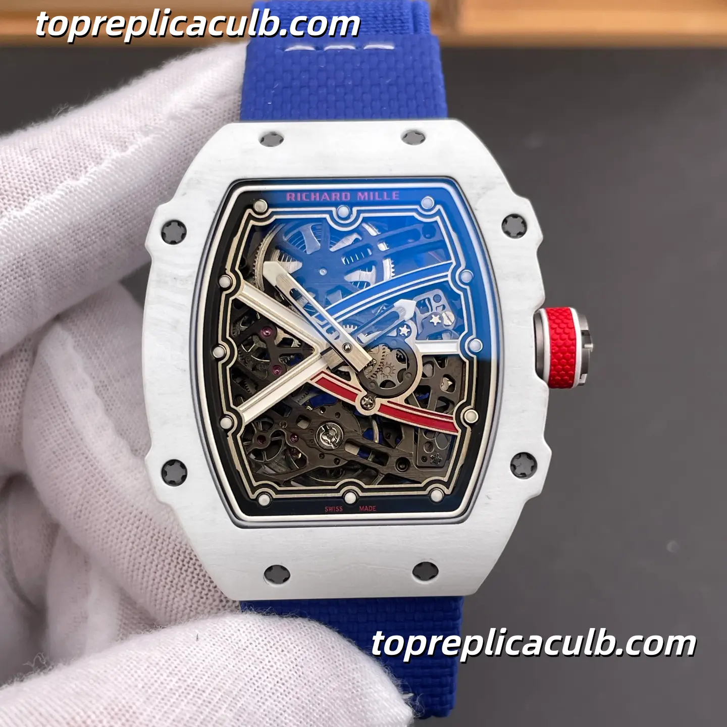 Richard Mille RM67-02 France Edition White Quartz TPT Case Skeleton Dial 47x8.0MM Blue Fabric Strap Super Clone Watch With Functional 7 O’Clock CRMA7 Automatic Movement - Image 3