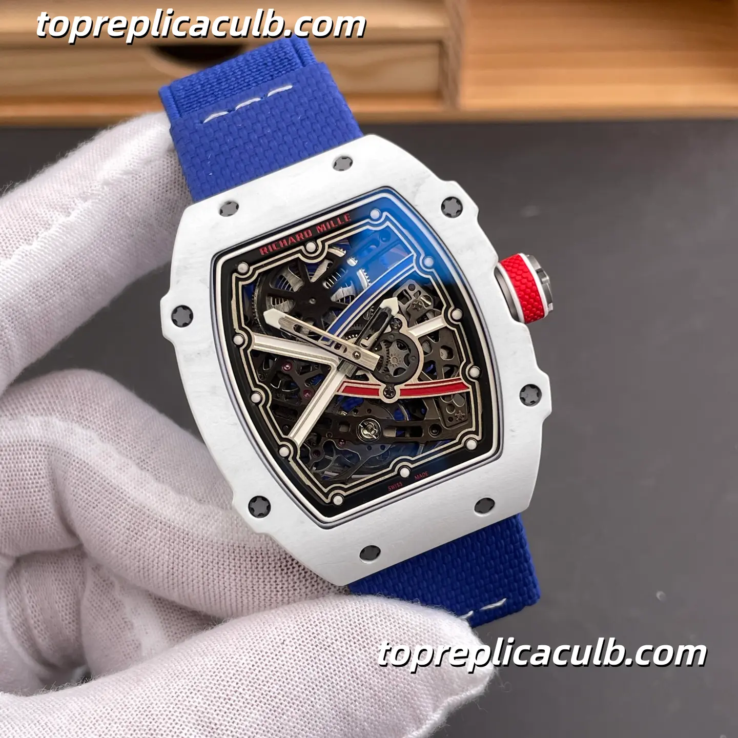 Richard Mille RM67-02 France Edition White Quartz TPT Case Skeleton Dial 47x8.0MM Blue Fabric Strap Super Clone Watch With Functional 7 O’Clock CRMA7 Automatic Movement - Image 4