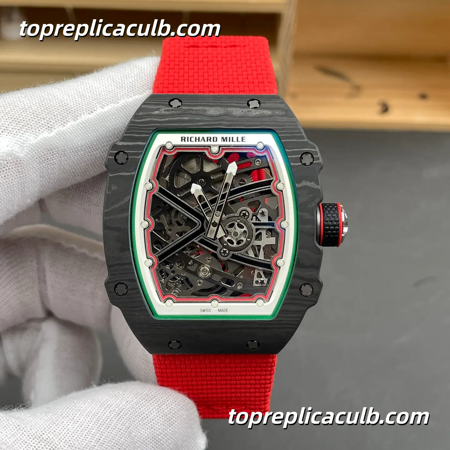 Richard Mille RM67-02 Italy Edition Carbon Fiber Case 47x9.27MM Red Strap Ultra-Thin 11 Integrated Movement Super Clone Watch
