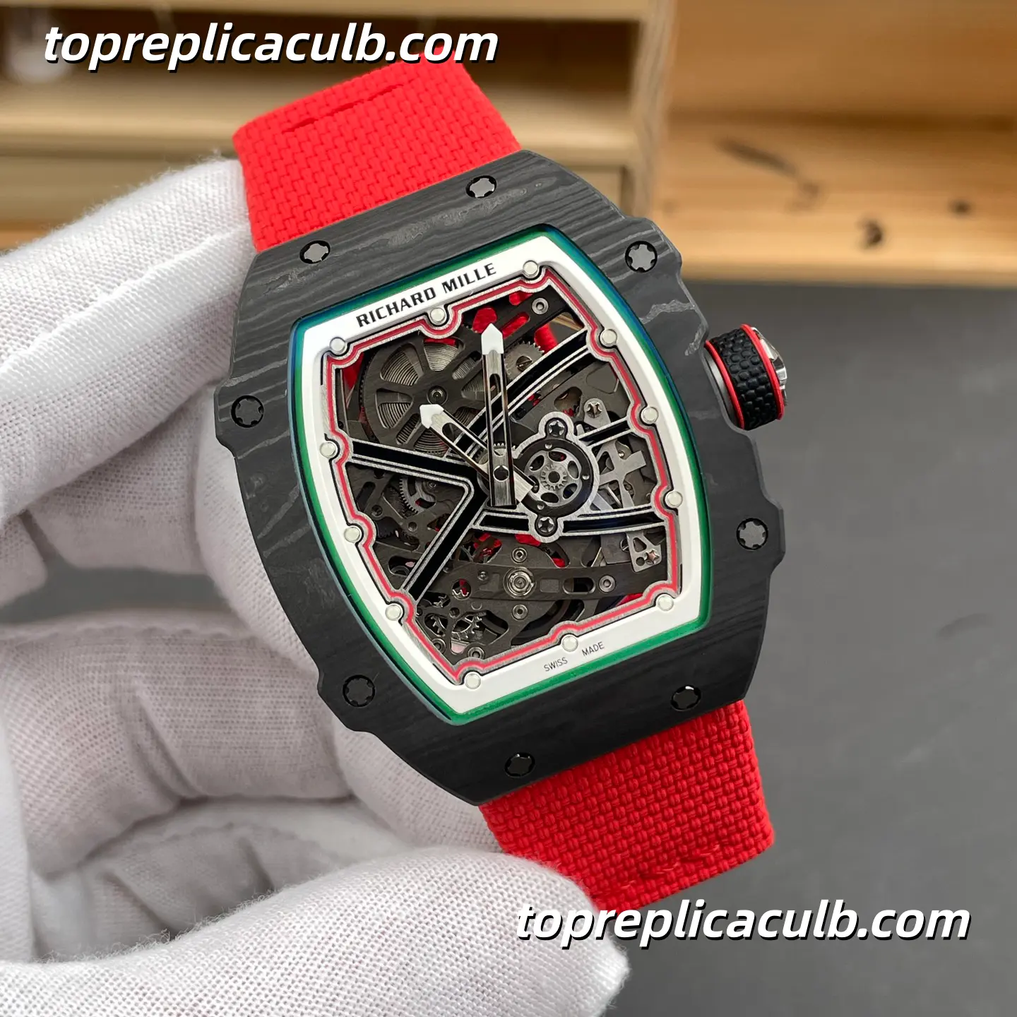 Richard Mille RM67-02 Italy Edition Carbon Fiber Case 47x9.27MM Red Strap Ultra-Thin 1:1 Integrated Movement Super Clone Watch - Image 4