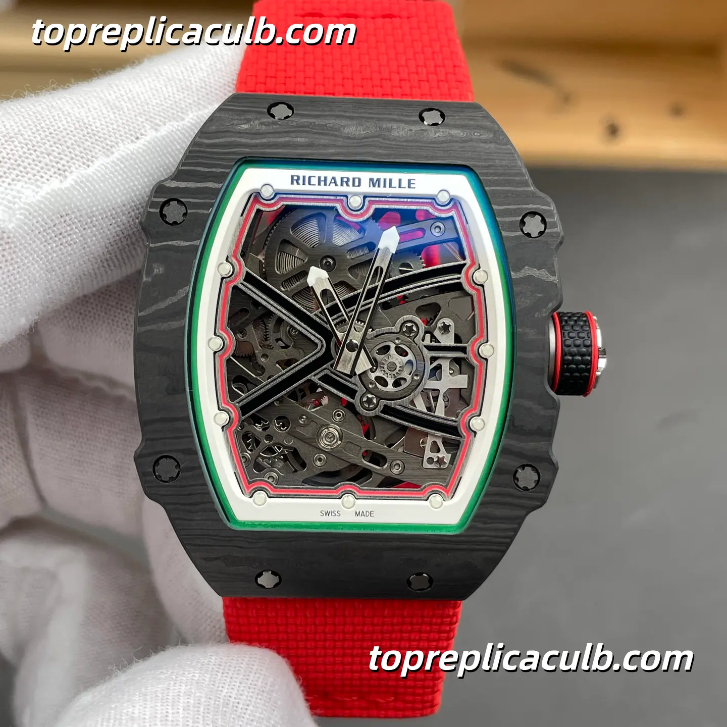 Richard Mille RM67-02 Italy Edition Carbon Fiber Case 47x9.27MM Red Strap Ultra-Thin 1:1 Integrated Movement Super Clone Watch - Image 3
