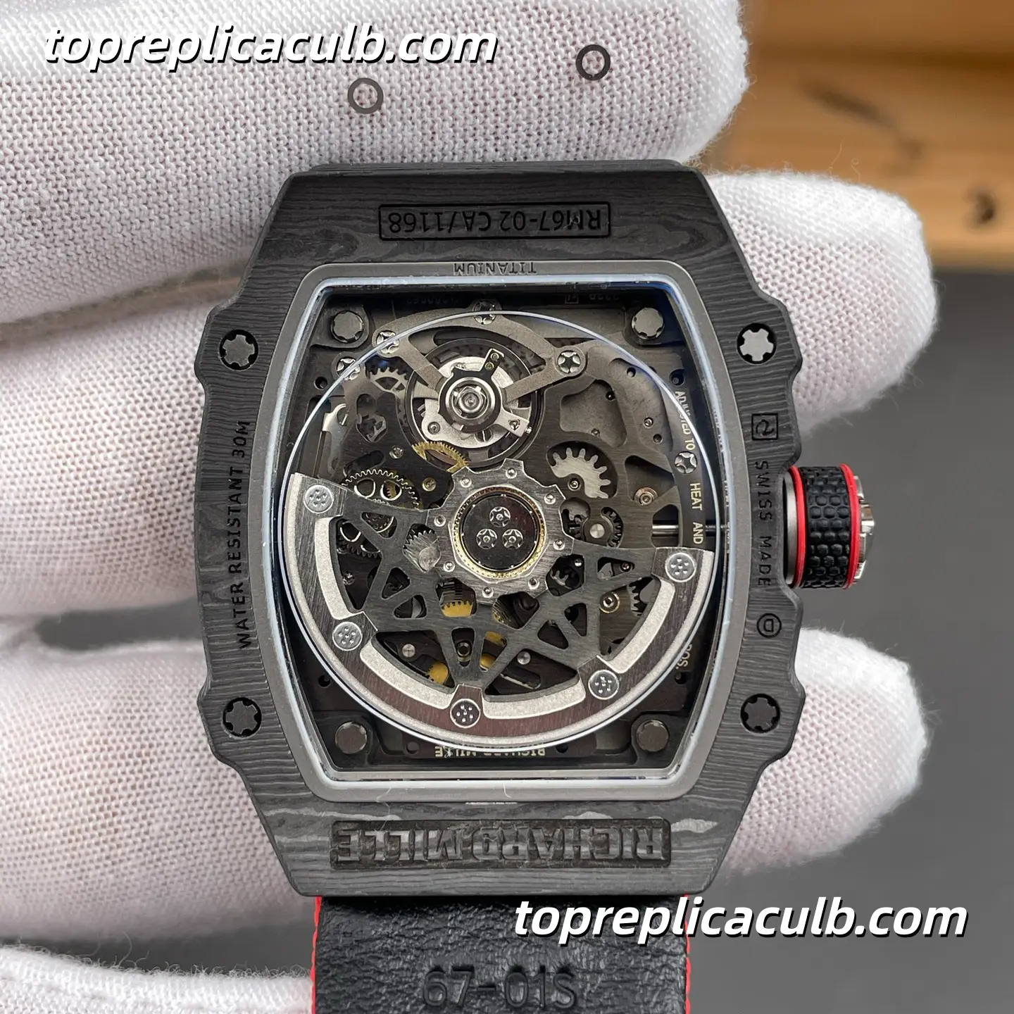 Richard Mille RM67-02 Italy Edition Carbon Fiber Case 47x9.27MM Red Strap Ultra-Thin 1:1 Integrated Movement Super Clone Watch - Image 6