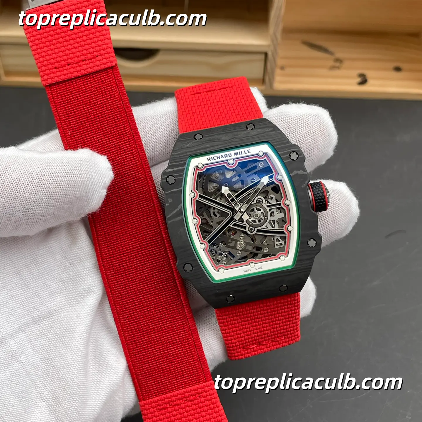 Richard Mille RM67-02 Italy Edition Carbon Fiber Case 47x9.27MM Red Strap Ultra-Thin 1:1 Integrated Movement Super Clone Watch - Image 5
